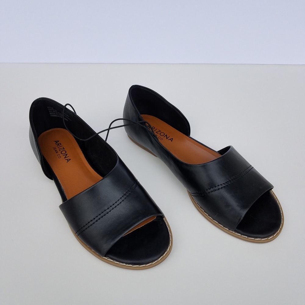 Arizona black flats, open side, peep toe size 6.5